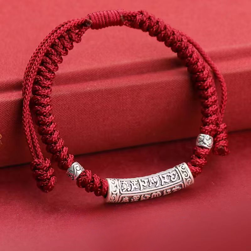 Handmade Silver Mantra Tibetan Buddhist Red String Bracelet