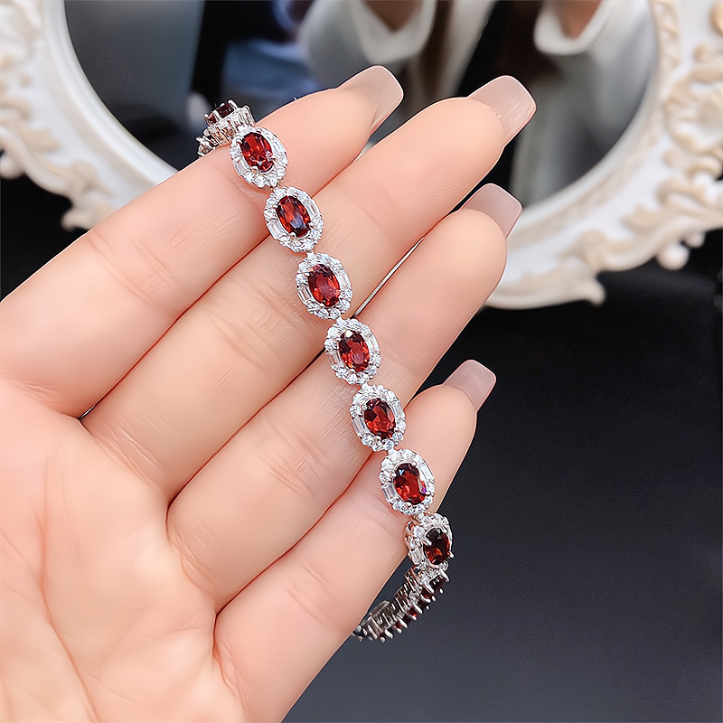 Natural Garnet Bracelet in Sterling Silver